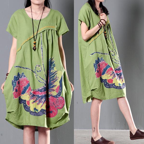 Green plus size sundress casual short sleeve summer shift dresses flying butterfly - Omychic
