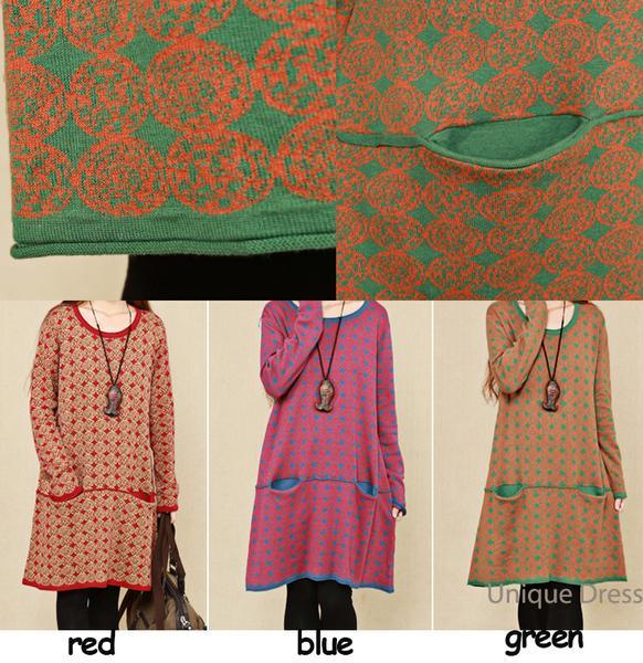 Green print women long sweater dress - Omychic