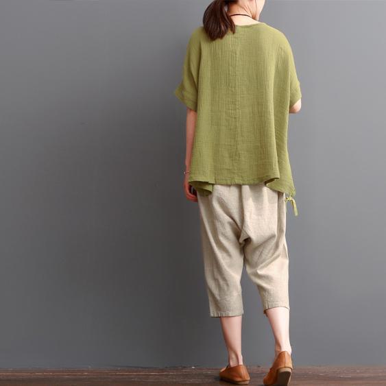 Green short linen blouses women oversize cotton top - Omychic