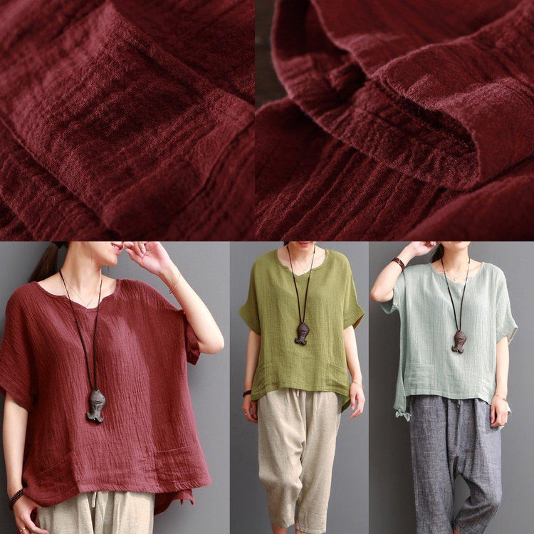Green short linen blouses women oversize cotton top - Omychic
