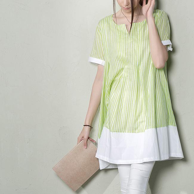 Green striped linen dresses oversize new casual dresses for summers maternity sundresses - Omychic