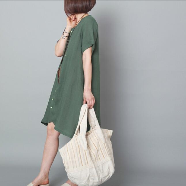 Green summer linen dresses asymmetric oversize shift dresses - Omychic