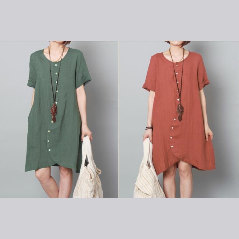 Green summer linen dresses asymmetric oversize shift dresses - Omychic