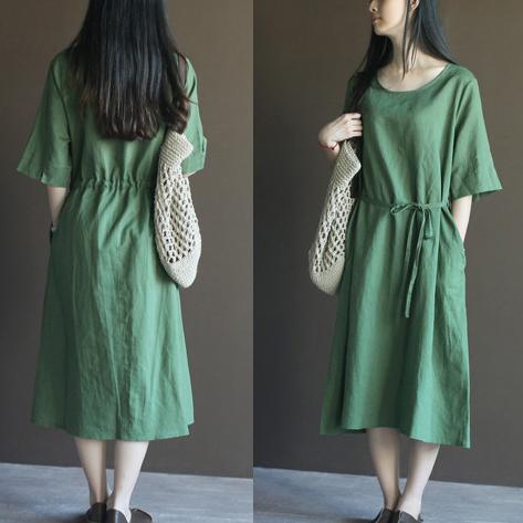 Green summer linen dresses half sleeve oversize shift dresses - Omychic
