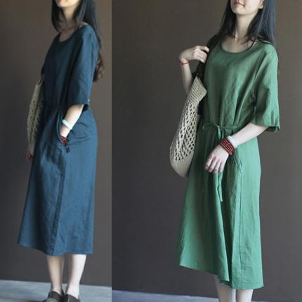 Green summer linen dresses half sleeve oversize shift dresses - Omychic