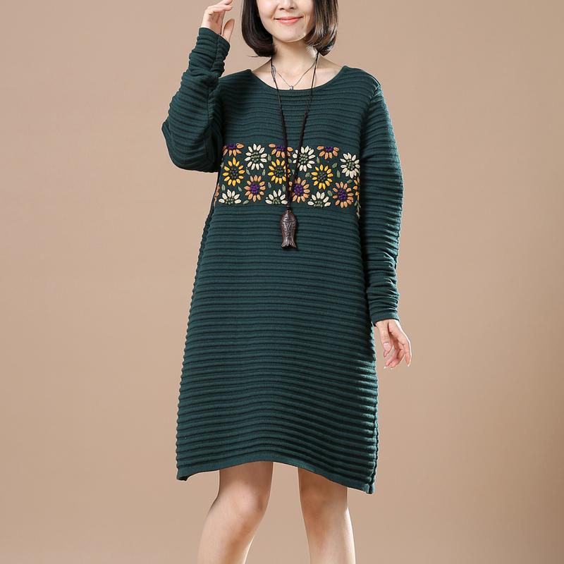 Green sweaters daisy embroidery knit dress - Omychic