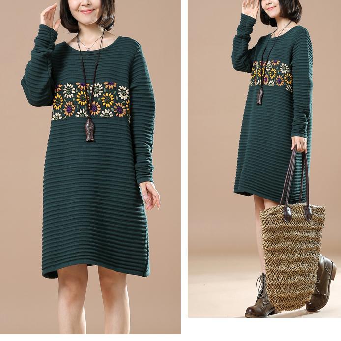 Green sweaters daisy embroidery knit dress - Omychic