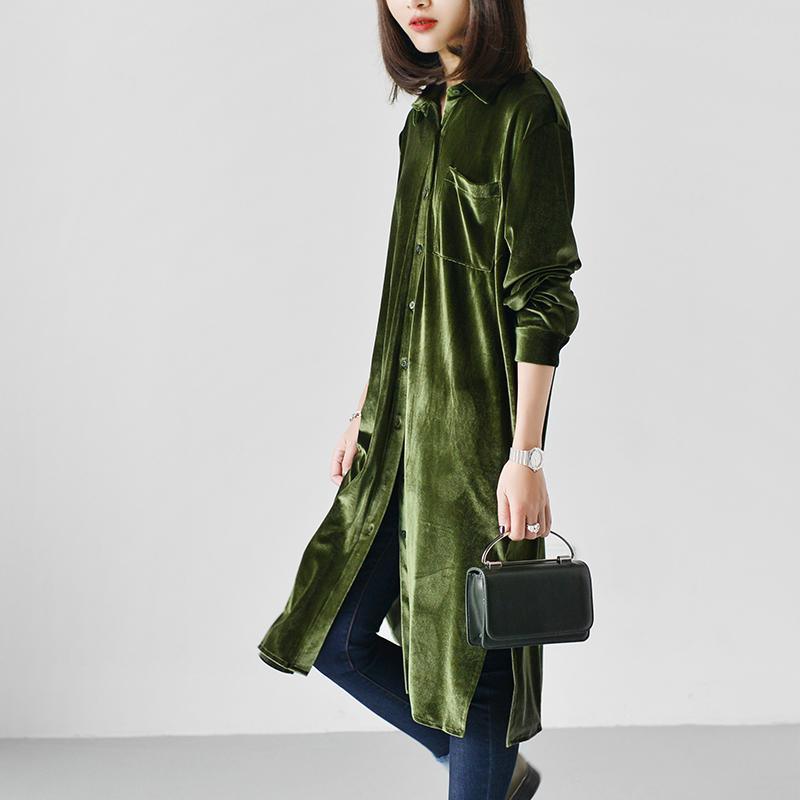 Green velour shirt dresses oversize velour long blouses - Omychic