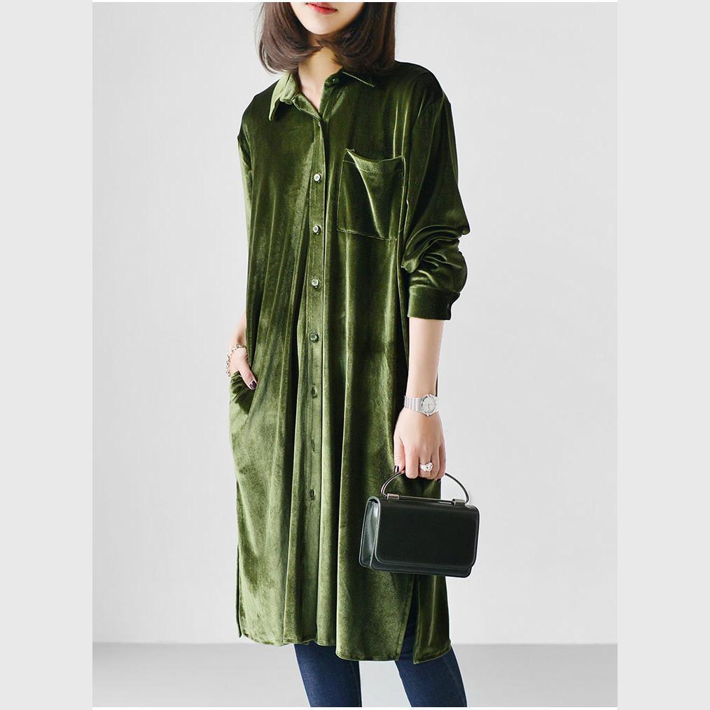 Green velour shirt dresses oversize velour long blouses - Omychic