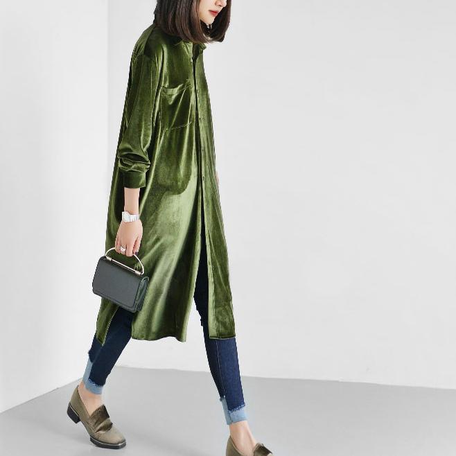 Green velour shirt dresses oversize velour long blouses - Omychic