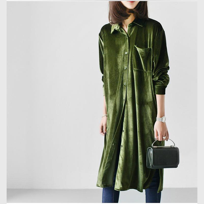 Green velour shirt dresses oversize velour long blouses - Omychic