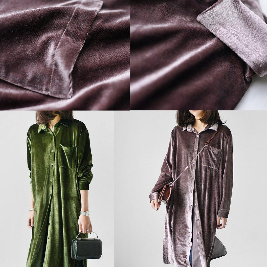 Green velour shirt dresses oversize velour long blouses - Omychic