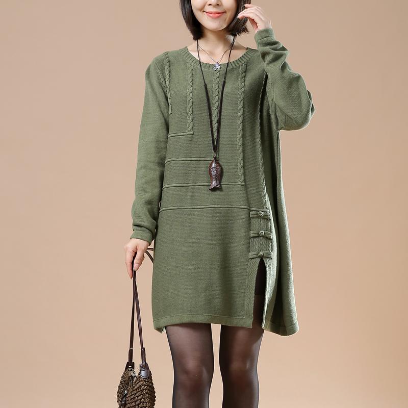 Green vintage sweaters women plus size knit tops dresses open hem - Omychic