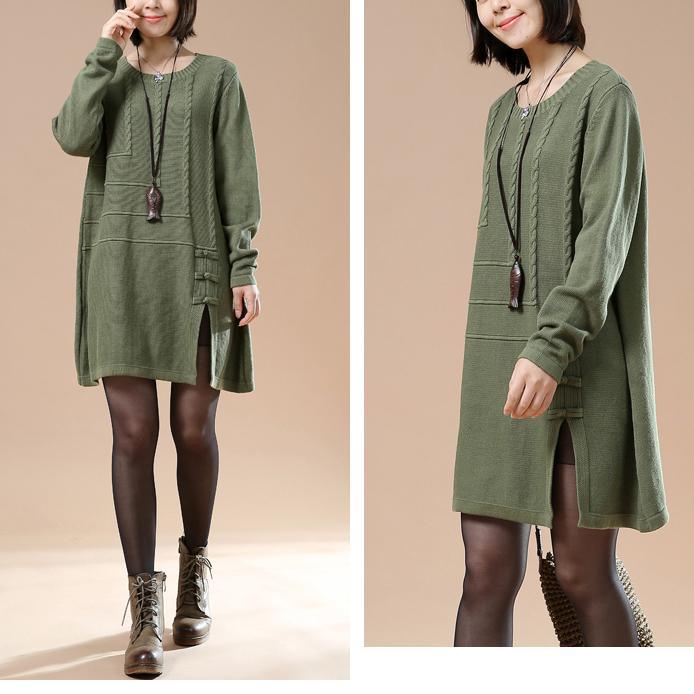 Green vintage sweaters women plus size knit tops dresses open hem - Omychic