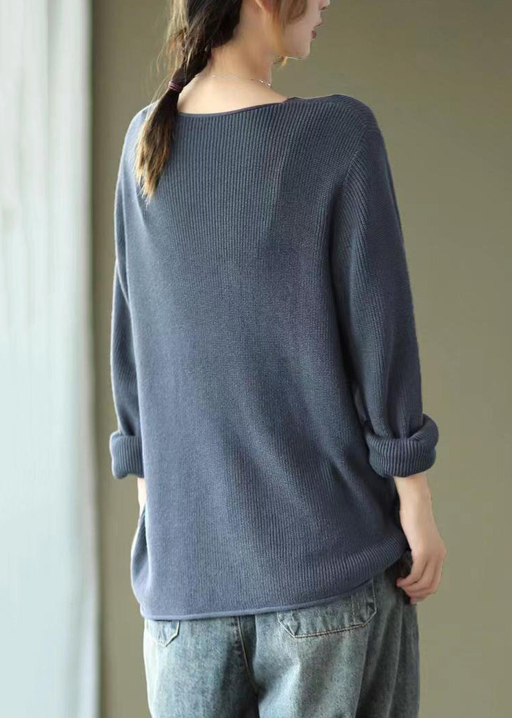 Grey Blue Patchwork Cozy Knitting Cotton Shirt Tops V Neck Fall
