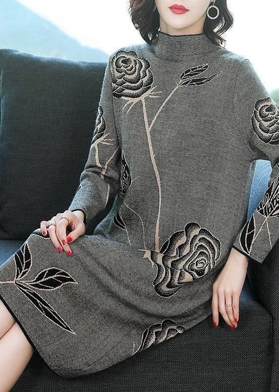 Grey Floral Print Knit Long Sweater Dress Turtleneck Winter