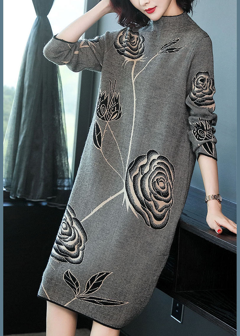 Grey Floral Print Knit Long Sweater Dress Turtleneck Winter