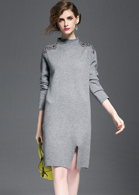 Grey Knit Sweater Dress Turtle Neck Nail Bead Side Open Long Sleeve