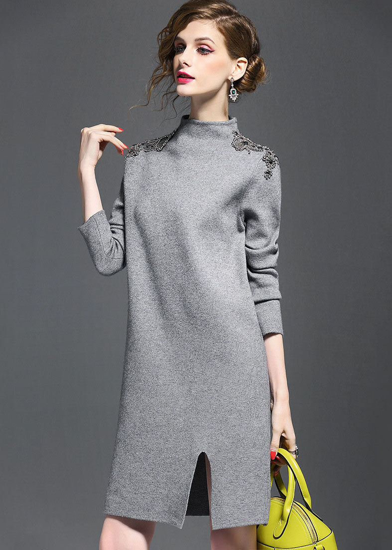 Grey Knit Sweater Dress Turtle Neck Nail Bead Side Open Long Sleeve