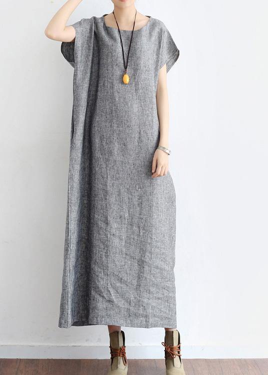 Grey O Neck Summer Cotton Hemp Dress - Omychic