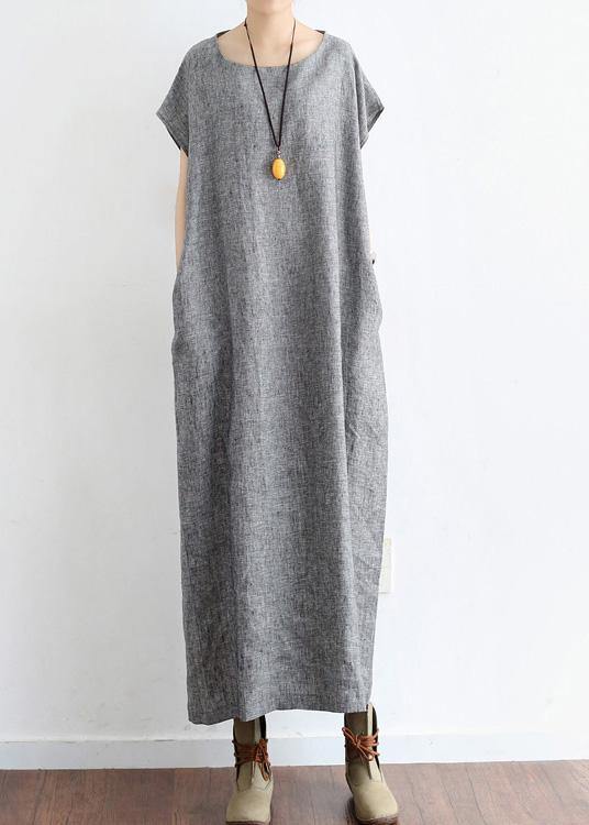 Grey O Neck Summer Cotton Hemp Dress - Omychic