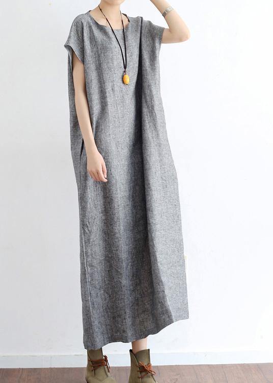 Grey O Neck Summer Cotton Hemp Dress - Omychic