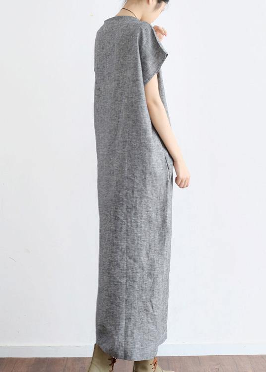 Grey O Neck Summer Cotton Hemp Dress - Omychic