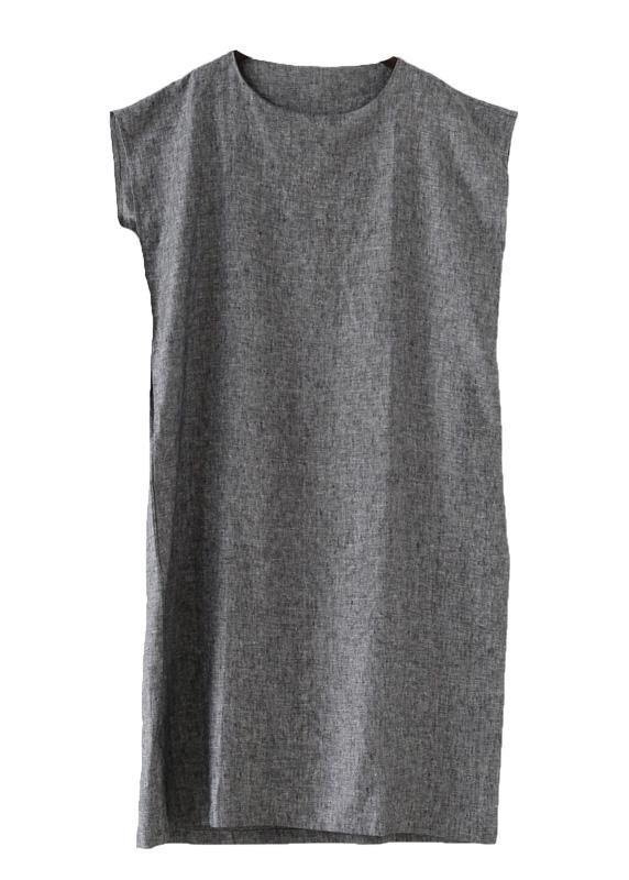 Grey O Neck Summer Cotton Hemp Dress - Omychic