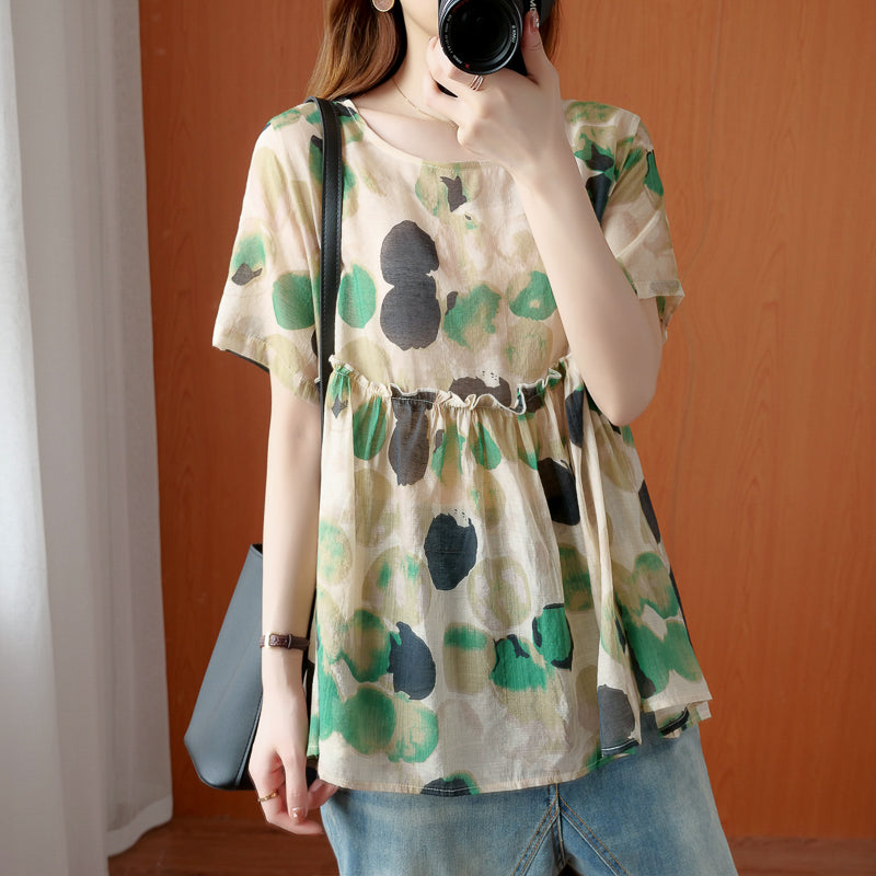 Grey Patchwork Blouse Tops Ruffled Short Sleeve