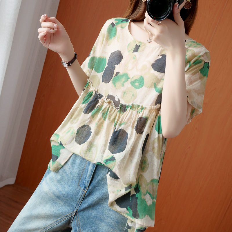 Grey Patchwork Blouse Tops Ruffled Short Sleeve