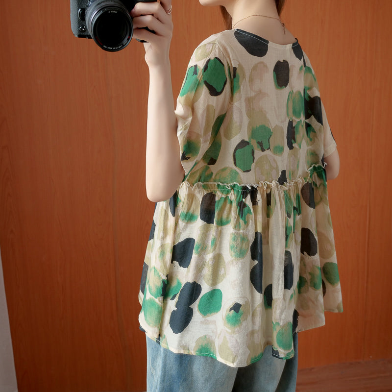 Grey Patchwork Blouse Tops Ruffled Short Sleeve