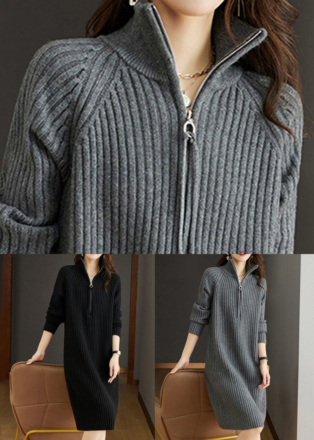 Grey Patchwork Loose Woolen Knit Dresses Turtleneck Long Sleeve