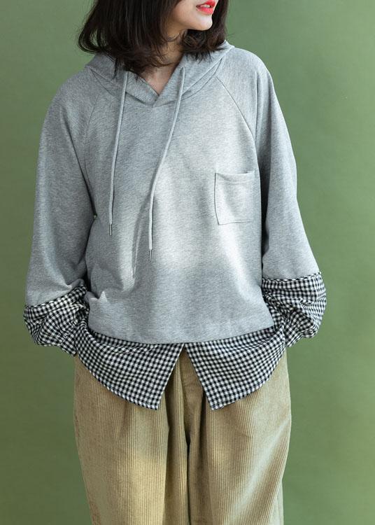 Grey Patchwork Plaid Hooded Fall Loose Loose Sweatshirt - Omychic