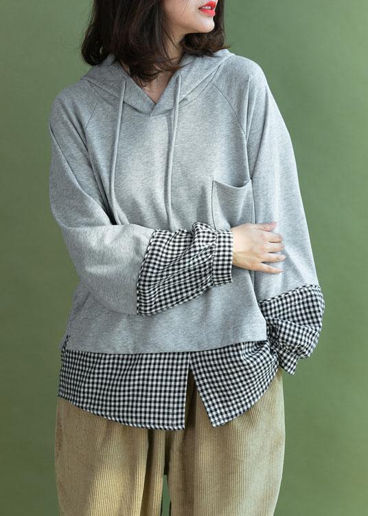 Grey Patchwork Plaid Hooded Fall Loose Loose Sweatshirt - Omychic