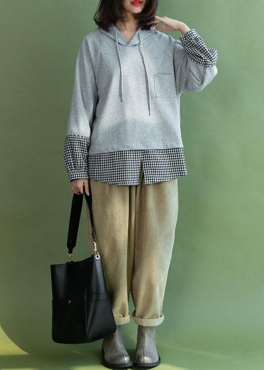 Grey Patchwork Plaid Hooded Fall Loose Loose Sweatshirt - Omychic