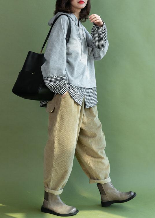 Grey Patchwork Plaid Hooded Fall Loose Loose Sweatshirt - Omychic