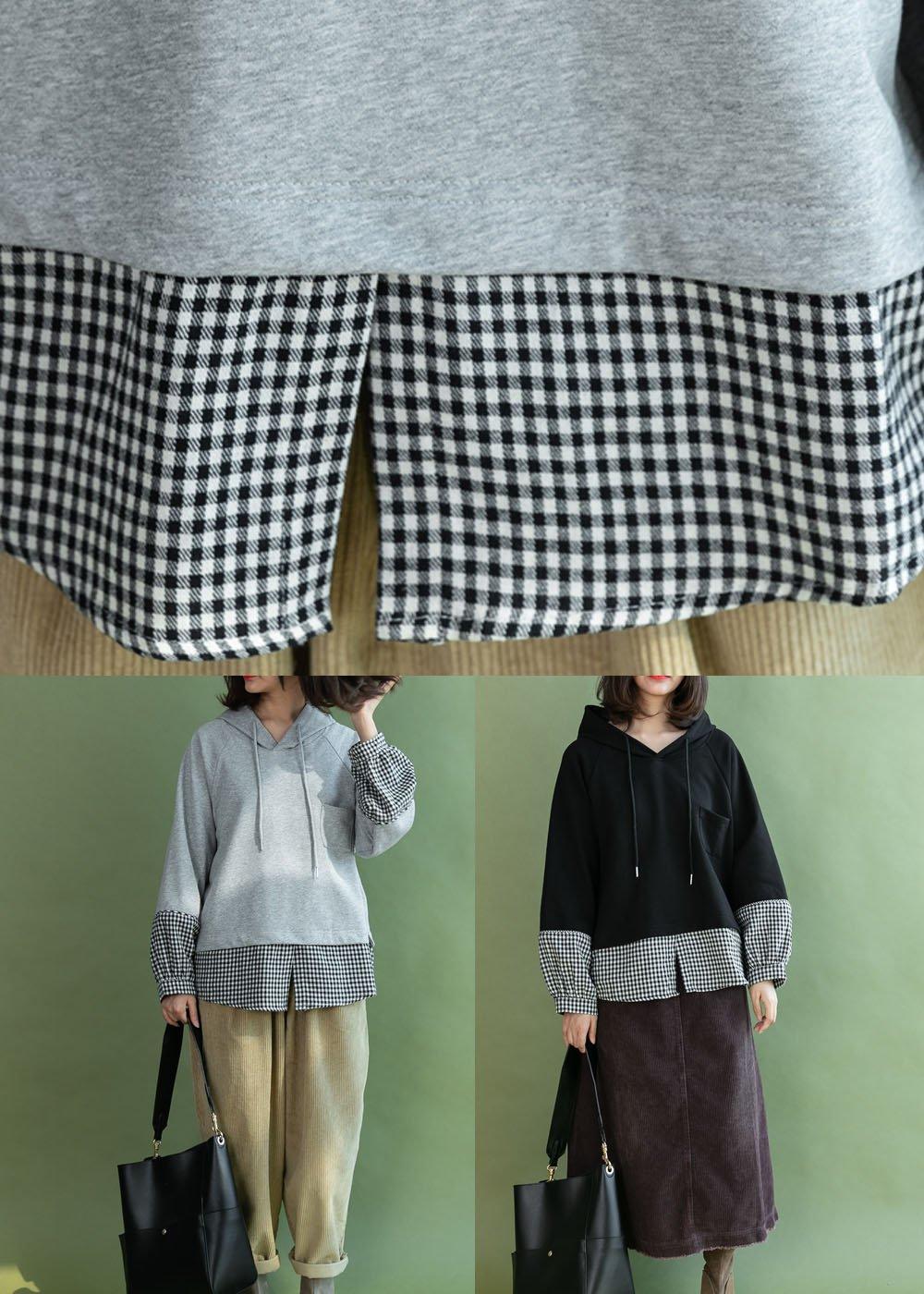 Grey Patchwork Plaid Hooded Fall Loose Loose Sweatshirt - Omychic