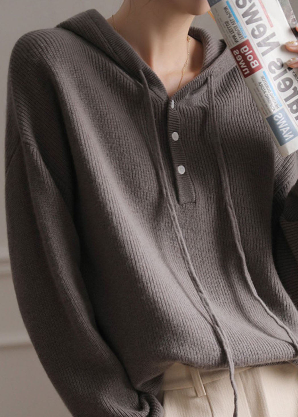 Grey Patchwork Wool Sweatshirts Top Hooded Spring