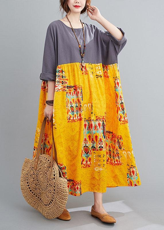 Grey Patchwork Yellow Print O-Neck Pockets Summer Party Dresses - Omychic