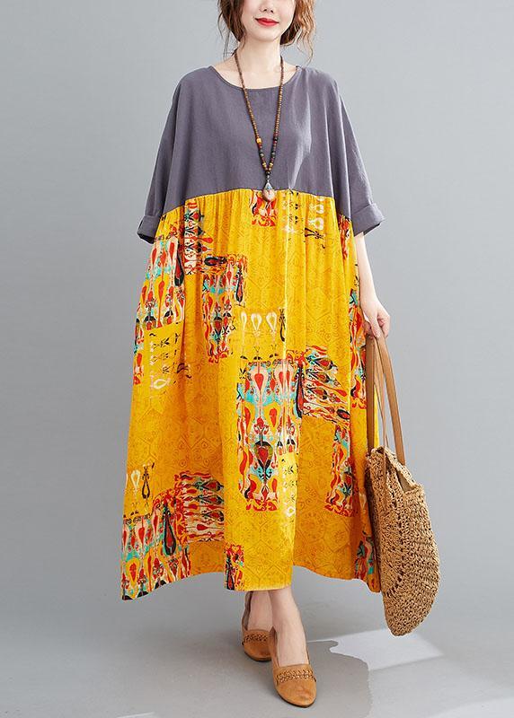 Grey Patchwork Yellow Print O-Neck Pockets Summer Party Dresses - Omychic