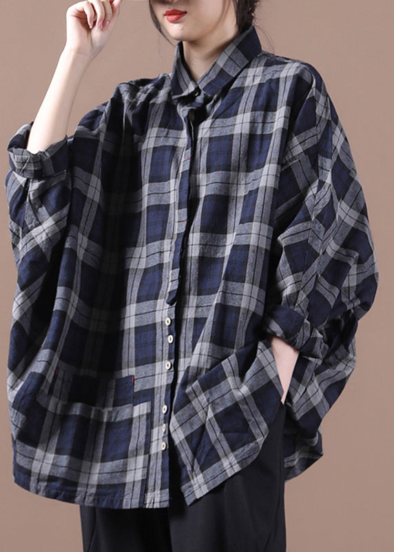 Grey Plaid Peter Pan Button Collar Pockets Cotton Shirt Long Sleeve