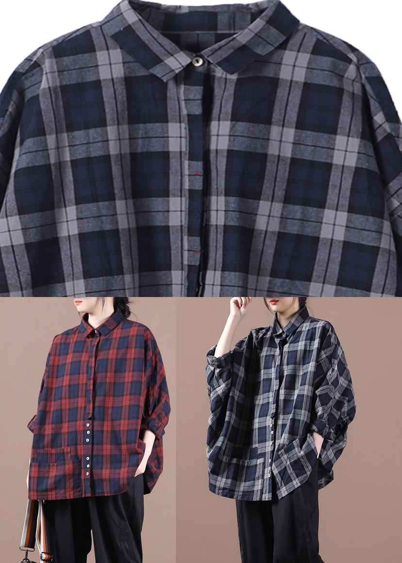 Grey Plaid Peter Pan Button Collar Pockets Cotton Shirt Long Sleeve