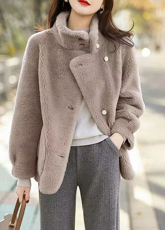 Grey Pockets Patchwork Woolen Jacket Stand Collar Button Winter