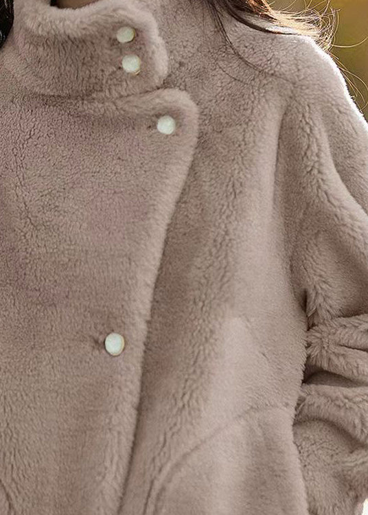 Grey Pockets Patchwork Woolen Jacket Stand Collar Button Winter