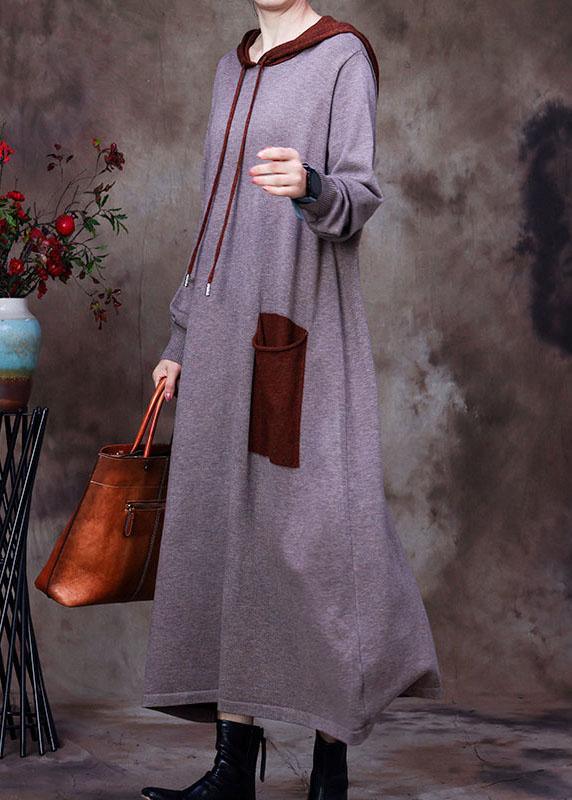 Grey Pockets Woolen Sweatshirts dress Hooded Winter - Omychic