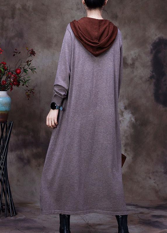 Grey Pockets Woolen Sweatshirts dress Hooded Winter - Omychic