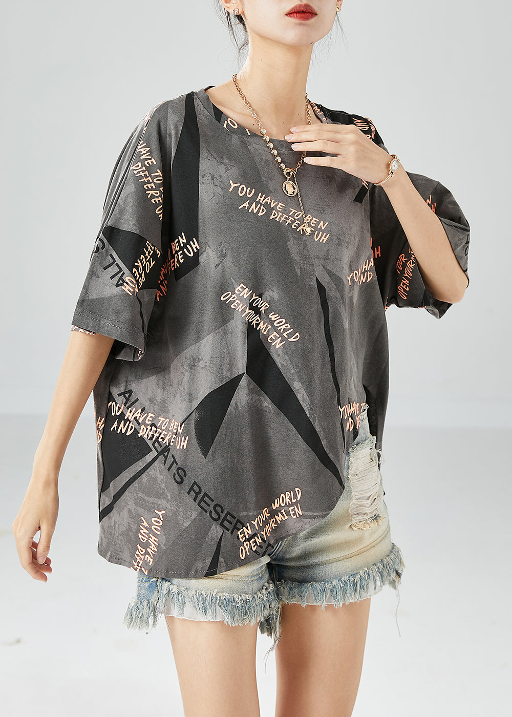 Grey Print Cotton Tanks Oversized Side Open Summer