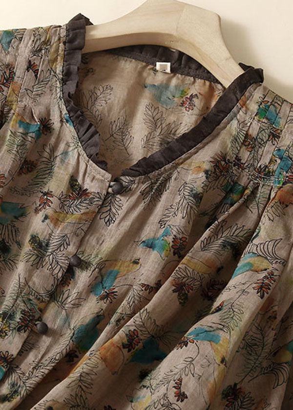 Grey Print Patchwork Linen Top Ruffled Button Summer