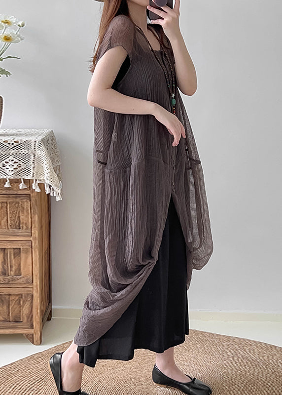 Grey Silk Two Piece Set Women Clothing Asymmetrical Wrinkled Summer