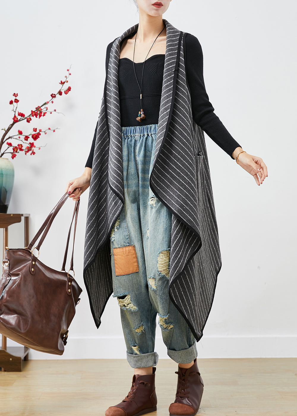 Grey Striped Cotton Long Vest Asymmetrical Oversized Fall